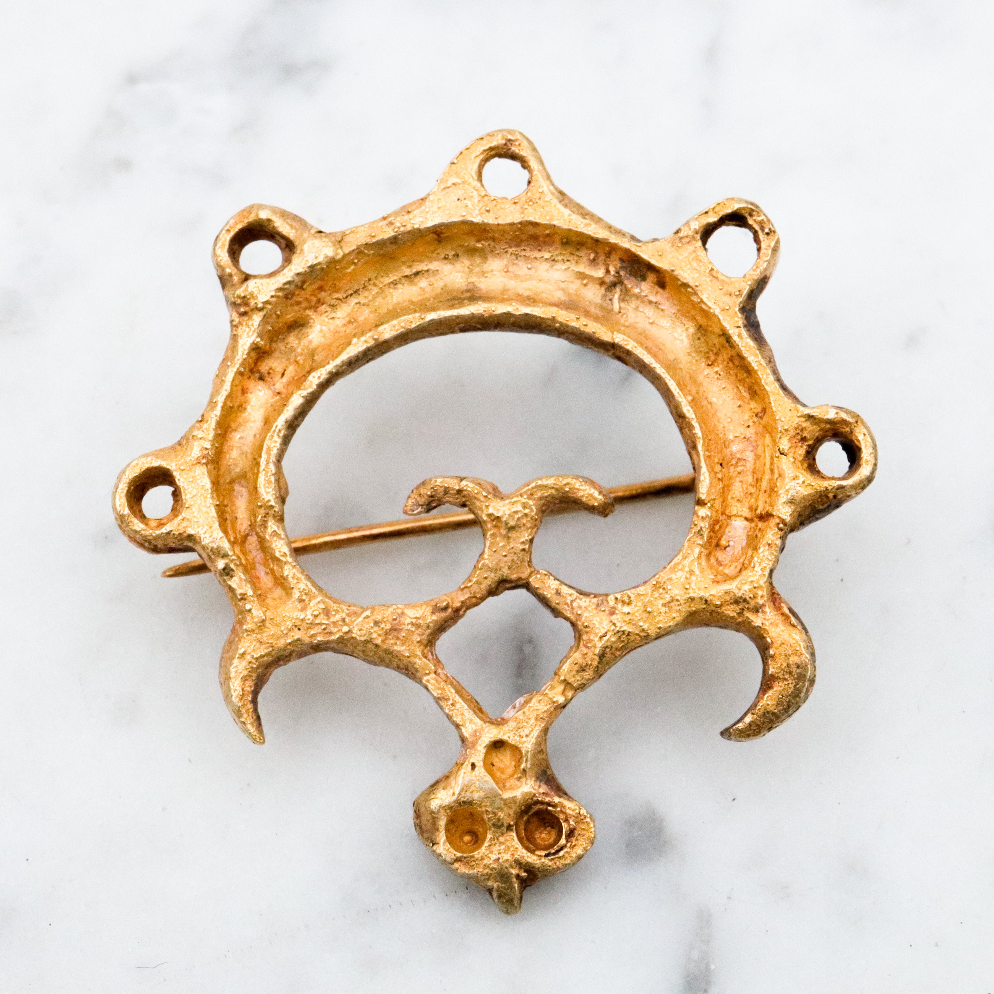 Vintage Pre-Columbian ancient artifact replica gold plated sand cast sterling brooch